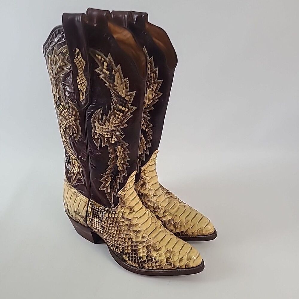 Bandera Brown Yellow Python Snakeskin Leather Western Boots Womens Size 6 B